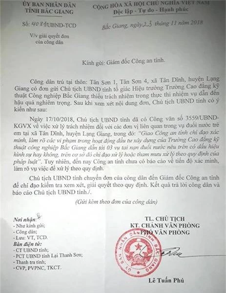  Chủ tịch UBND tỉnh Bắc Giang tiếp tục có công văn gửi trực tiếp Giám đốc công an tỉnh để chỉ đạo giải quyết vụ việc. 