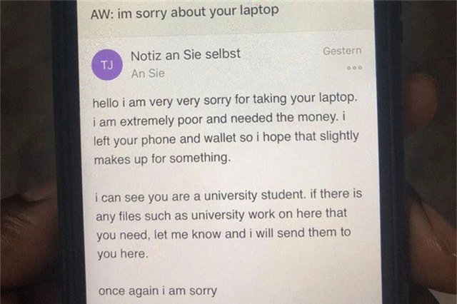 Trộm laptop gửi thư xin lỗi