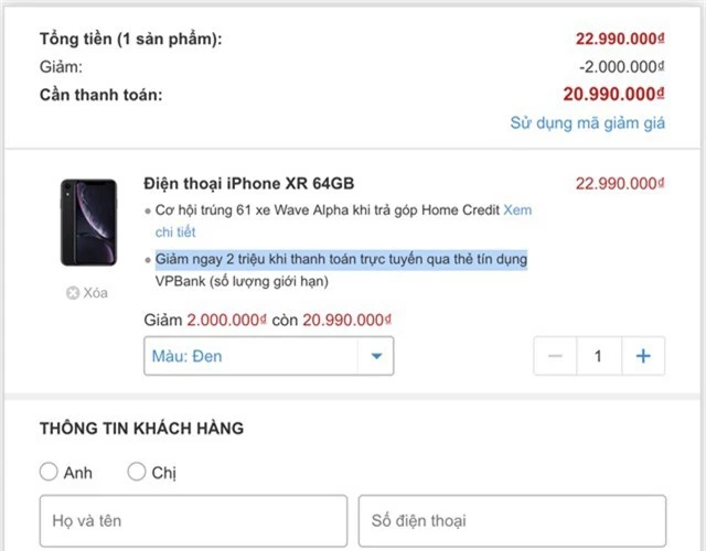 Giảm 4 triệu đồng khi mua iPhone XR