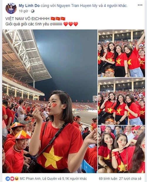 Hoa hậu Đỗ Mỹ Linh cũng tới sân Mỹ Đình cổ vũ ĐT Việt Nam. Cô tỏ ra rất phấn khích trước chiến thắng của đội quân áo đỏ.