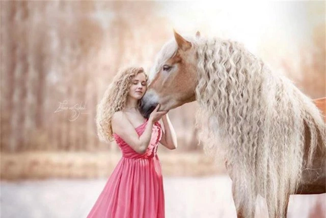 Chú ngựa và chủ nhân có mái tóc xoăn lượn sóng sáng màu giống hệt nhau