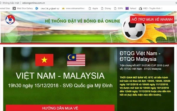 Vebongonline.com.vn có giao diện giống hệt trang bán vé chính thức của VFF, song đây chỉ là trang web giả mạo.