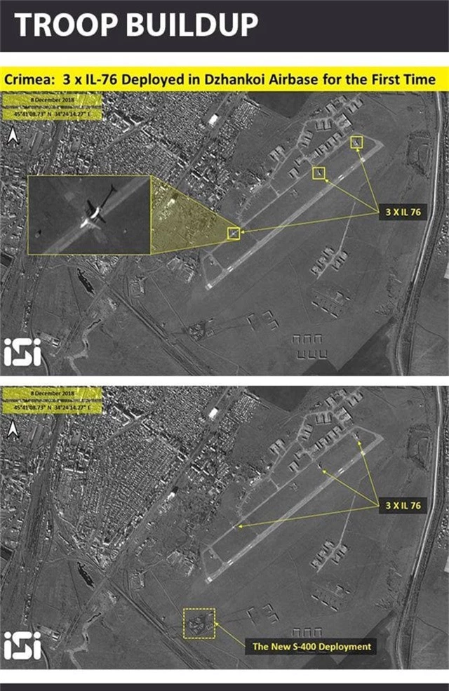  Ảnh vệ tinh cho thấy 3 máy bay Il-76 và hệ thống S-400 của Nga tại căn cứ Dzhankoi ở Crimea. (Ảnh: ISI) 