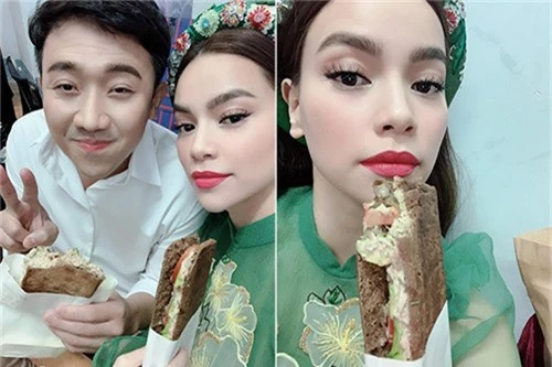 Hồ Ngọc Hà, MC Trấn Thành thưởng thức món bánh do Kim Lý làm.