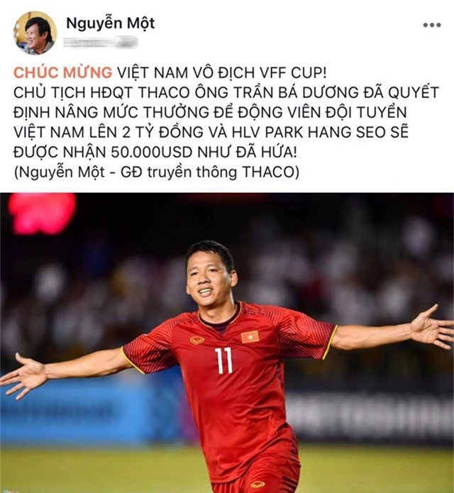 THACO nâng mức thưởng lên 2 tỷ đồng cho đội tuyển Việt Nam sau vô địch VFF Cup 2018 - Ảnh 1.