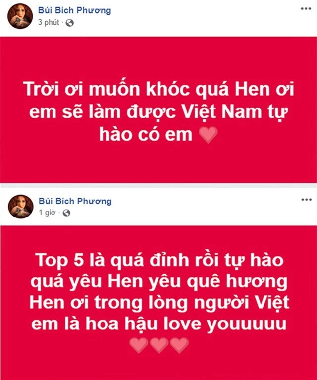 Ca sĩ Bích Phương xúc động trước thành tích của Hhen Niê tại chung kết Hoa hậu Hoàn vũ. Mặc dù chỉ lọt top 5 nhưng trong lòng khán giả Hhen Niê đã là hoa hậu.