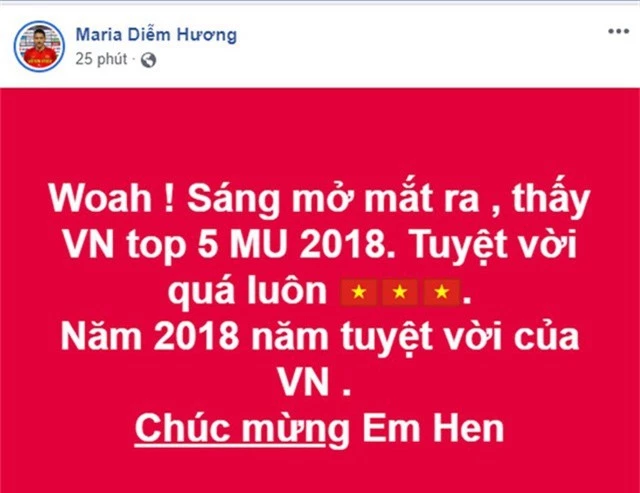 Hoa hậu Diễm Hương cũng rất bất ngờ trước thành tích của Hoa hậu Việt Nam và gửi lời chúc mừng đến Hhen Niê. Người đẹp cho rằng năm 2018 là năm tuyệt vời của Việt Nam.