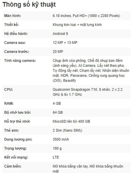 Thông số kỹ thuật của Nokia 8.1.