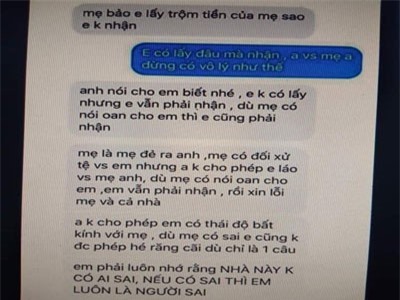 Dân mạng phẫn nộ với tin nhắn chồng ép vợ nhận ăn cắp tiền của mẹ