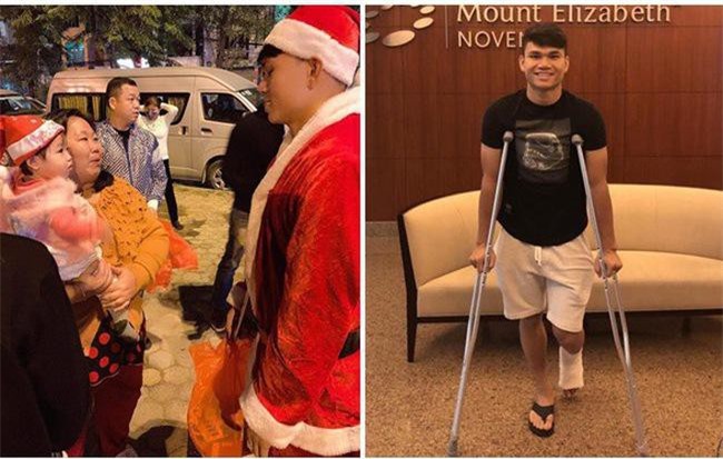 Hình ảnh cầu thủ Xuân Mạnh chống nạng tặng quà Noel cho những số phận khó khăn trên phố Hà Nội khiến nhiều người ấm lòng