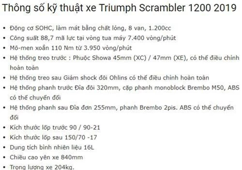 Thông số kỹ thuật của Triumph Scrambler 1200 2019.