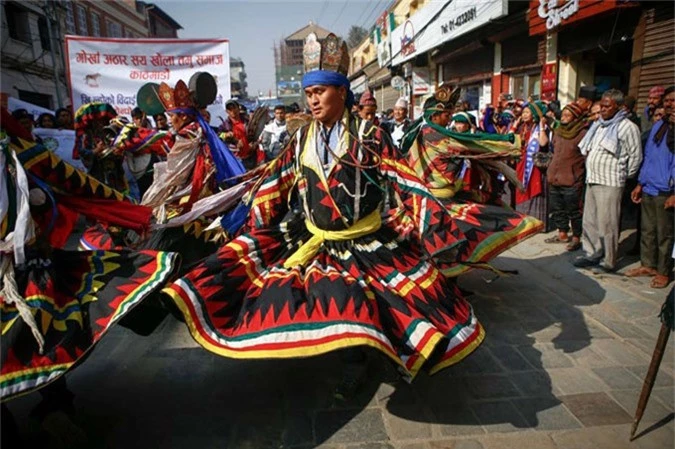 Kathmandu, Nepal Nepalese men from ethnic Gurung community in traditional attire dance as they take part in parade to mark their New Year also known as Tamu Losar on Dec. 30, in Kathmandu. The indigenous Gurungs, also known as Tamu, are celebrating the advent of the year of the deer.