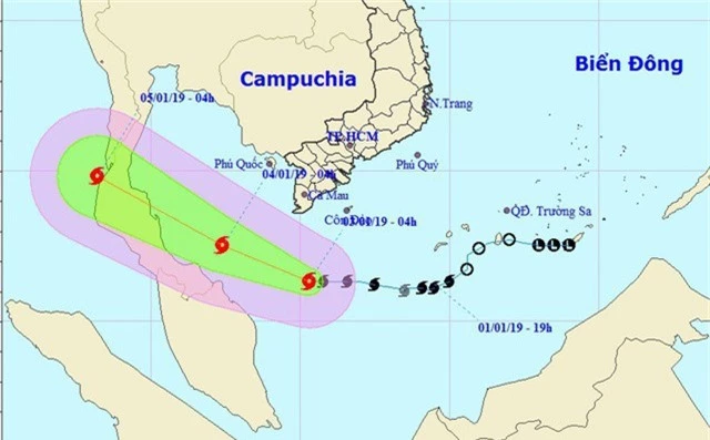 Vị trí và hướng di chuyển của bão số 1. (Ảnh: NCHMF).