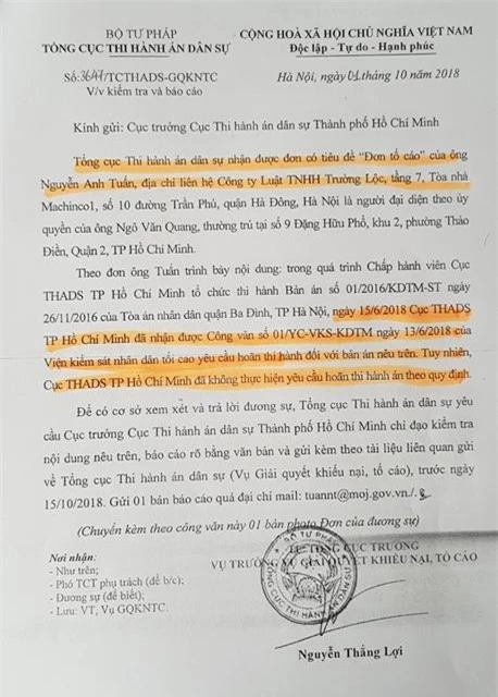 Tổng Cục thi hành án dân sự đến nay vẫn chưa giải quyết đơn tố cáo của LS Nguyễn Anh Tuấn.