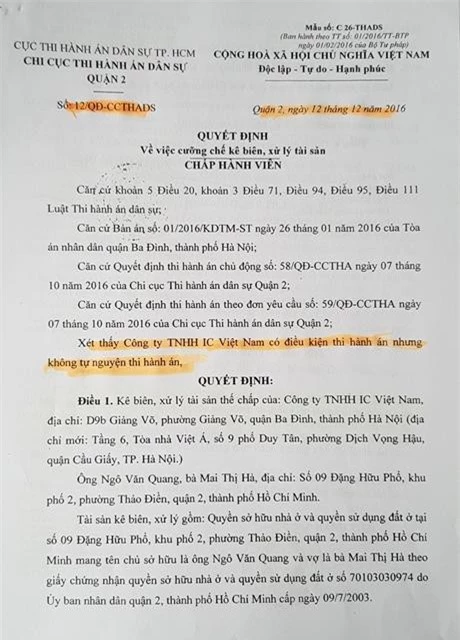 Trong khi cơ quan THA xác định Cty IC đủ điều kiện THA thì vẫn ra QĐ cưỡng chế kê biên tài sản của gia đình ông Quang.