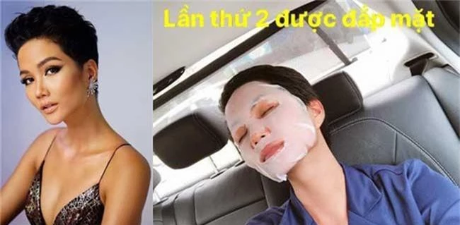 Hoa hậu HHen Niê thư giãn làn da trong lúc di chuyển bằng ô tô. 