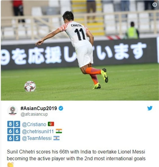  Sunil Chhetri có nhiều bàn thắng ở ĐTQG hơn Messi (thống kê của trang Twitter của Asian Cup 2019) 