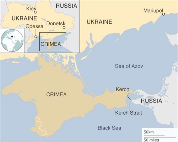  Bản đồ biển Đen và biển Azov tiếp giáp Nga, Ukraine và Crimea. (Ảnh: BBC) 