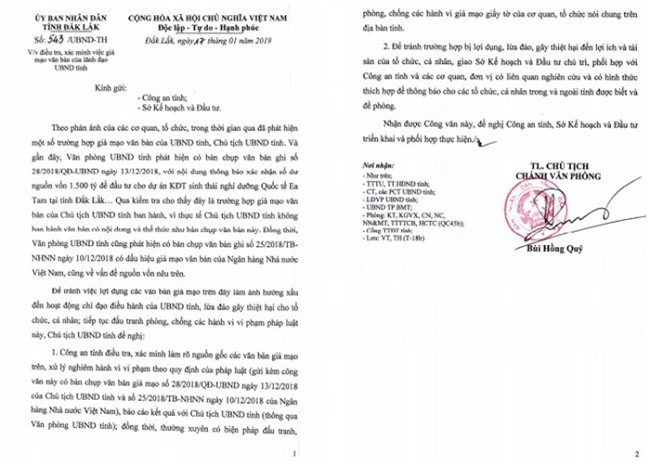 Văn bản đề nghị điều tra, xác minh của UBND tỉnh Đắk Lắk (Ảnh: VH)