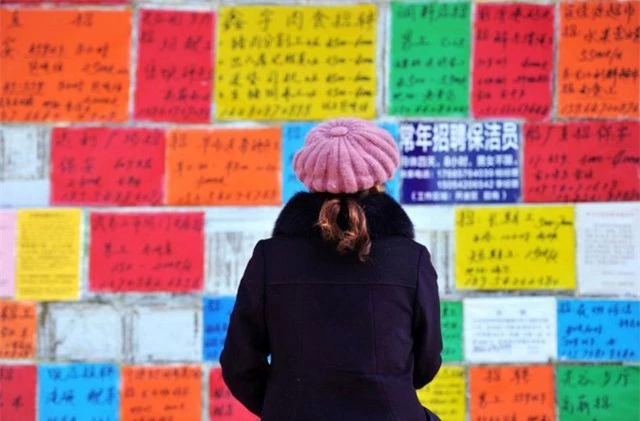 Một phụ nữ xem các quảng cáo việc làm tại tỉnh Sơn Đông, Trung Quốc (Ảnh: Reuters)