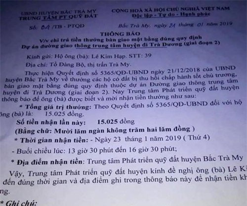 Quảng Nam: Xôn xao chuyện một hộ dân được mời lên nhận “thưởng”... 15.000 đồng!