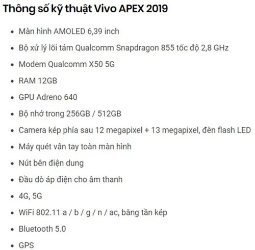 Thông số kỹ thuật của Vivo Apex 2019.
