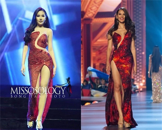 Bộ váy của Ngân Anh (trái) trong chung kết Miss Intercontinental được cho rằng sao chép từ Miss Universe.