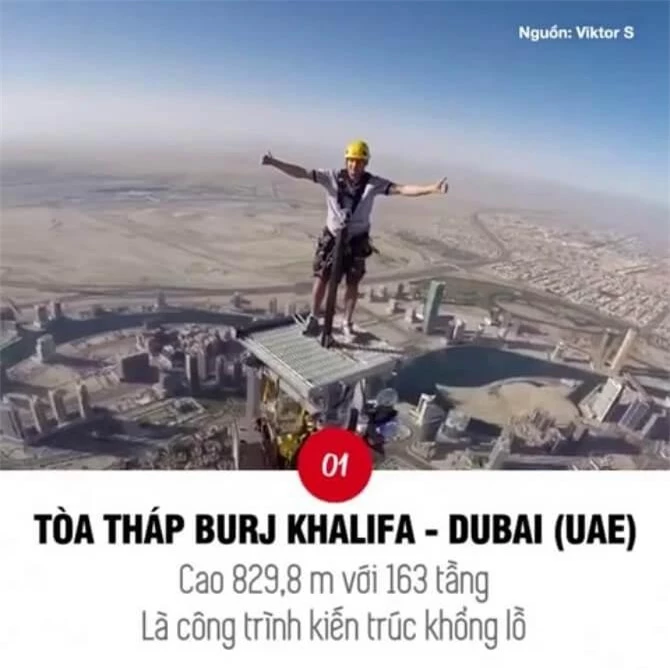 Chụp hình trên đỉnh tòa tháp Burj Khalifa ở Dubai được xem như thử thách cho người mạo hiểm.