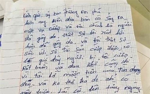 Tên cướp gửi trả 100 triệu đồng cùng thư xin lỗi nạn nhân
