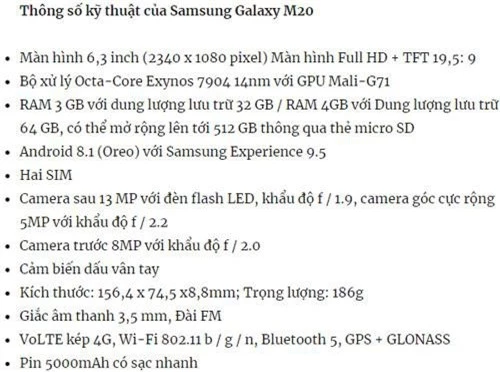 Thông số kỹ thuật của Samsung Galaxy M20.