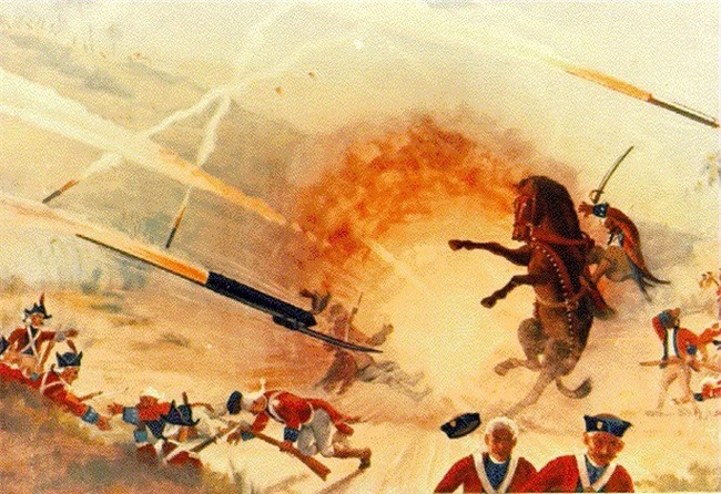 Bức tranh cho thấy quân của vương quốc Mysore chiến đấu với liên quân của Anh bằng rocket.