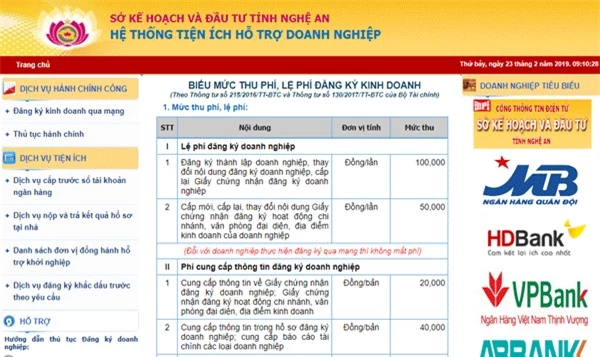 Hệ thống tiện ích hỗ trợ doanh nghiệp của Sở Kế hoạch và Đầu tư tỉnh Nghệ An.