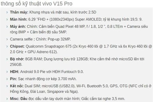 Cấu hình Vivo V15 Pro.