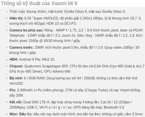 Cấu hình Xiaomi Mi 9.