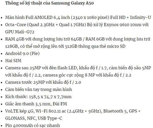 Cấu hình của Samsung Galaxy A50.