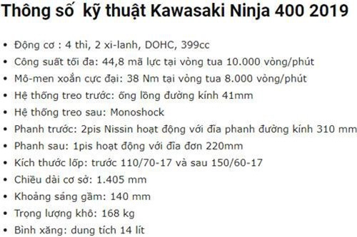Thông số kỹ thuật của Kawasaki Ninja 400 2019.
