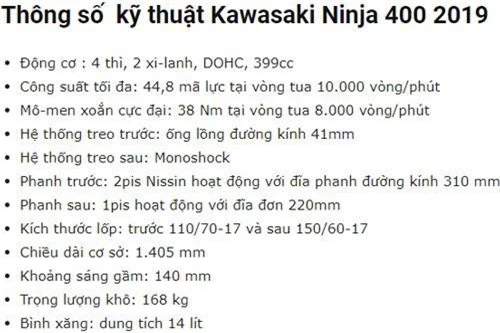 Thông số kỹ thuật của Kawasaki Ninja 400 2019.