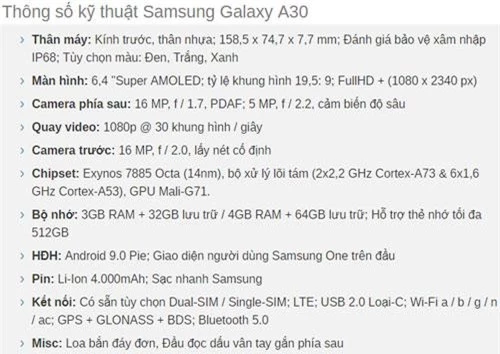 Cấu hình Samsung Galaxy A30.