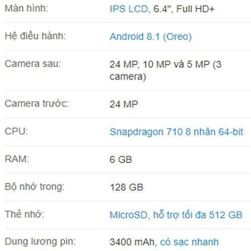 Cấu hình Samsung Galaxy A8s.