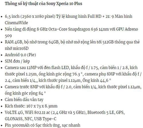 Cấu hình của Sony Xperia 10 Plus.