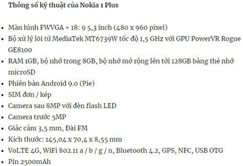 Cấu hình của Nokia 1 Plus.