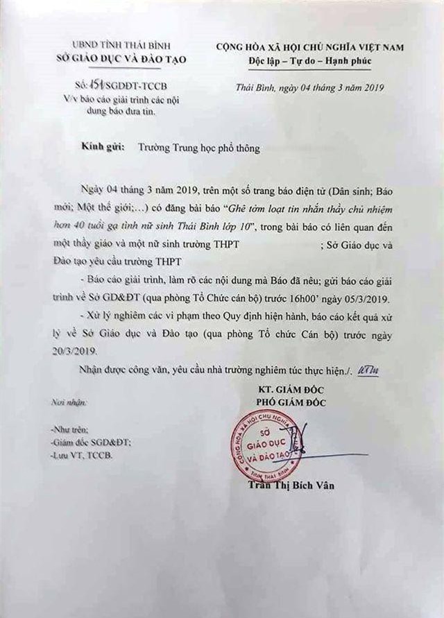 Thái Bình: Làm rõ thông tin thầy giáo “gạ tình” nữ sinh lớp 10 qua tin nhắn