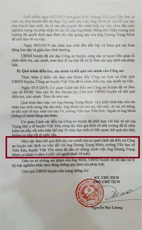 Báo cáo của cơ quan công an về vụ việc trong thông cáo phát đi của UBND huyện Việt Yên, Bắc Giang