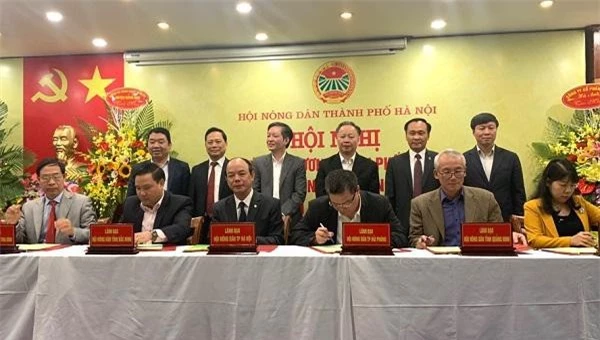 Đại diện Hội Nông dân TP Hà Nội và các tỉnh, thành ký kết chương trình phối hợp.