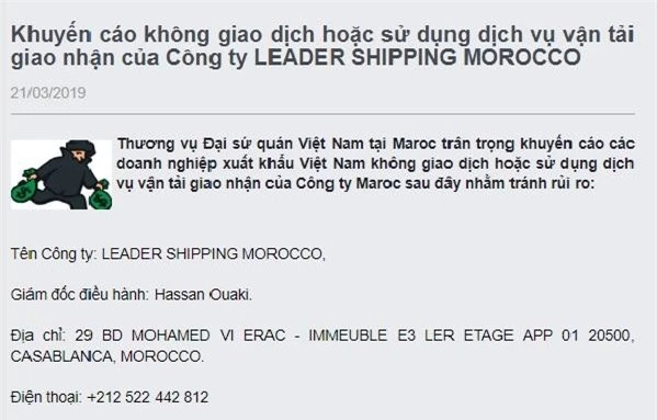 Thương vụ Đại sứ quán Việt Nam tại Maroc đăng tải thông tin khuyến cáo doanh nghiệp xuất khẩu Việt Nam.