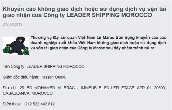 Khuyến cáo doanh nghiệp không giao dịch với Công ty LEADER SHIPPING MOROCCO