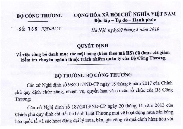 Bộ Công Thương ra quyết định công bố danh mục các mặt hàng đã được cắt giảm kiểm tra chuyên ngành.