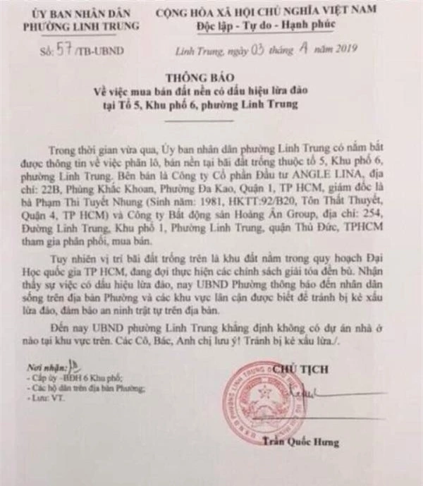 Văn bản UBND phường Linh Trung cảnh báo người dân về việc mua đất nền (Ảnh: MH)