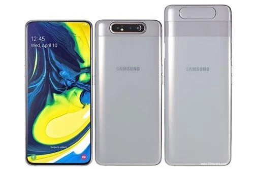 Samsung Galaxy A80 có số đo 165,2x76,5x9,3 mm, trọng lượng chưa được hé lộ. Cảm biến vân tay của máy được tích hợp trong màn hình. 
