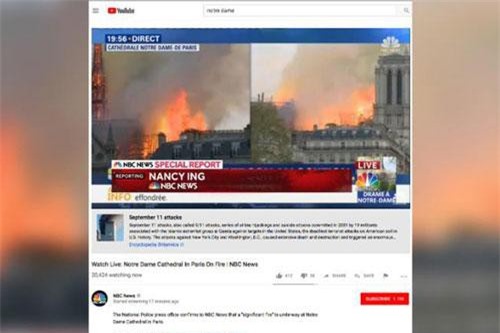 YouTube liên kết nhầm vụ cháy Nhà thờ Đức Bà Paris sang vụ khủng bố 11/9